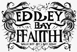 Horizontal inner bicep tattoo. “walk by faith, not by sight” stairwell wrapping around the quote. This design captures the essence of the journey guided by faith. tattoo idea