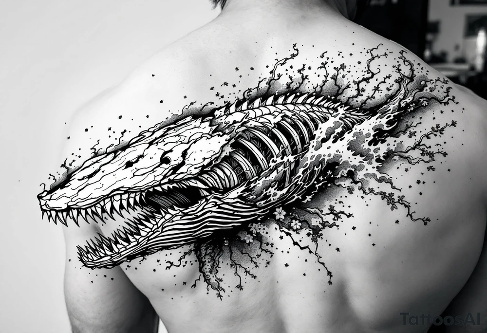 idea is basically a whale that's damaged and torn exposing the skeletal innerts, but it's still fiercely moving forward as hard as it can. generate one with elements of attack on titan and demon slayer and spirited away. black and white with dark contrasts, focus cherry blossoms, waves and fire tattoo idea