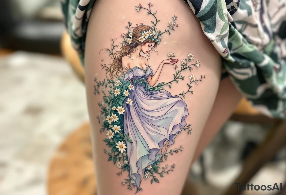 Alfons Mucha’s springtime spirit in a lavender dress, surrounded by mint green vines and delicate daisy-like blossoms. tattoo idea
