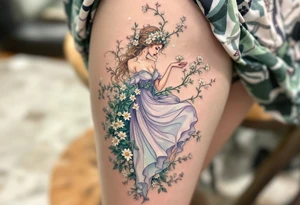Alfons Mucha’s springtime spirit in a lavender dress, surrounded by mint green vines and delicate daisy-like blossoms. tattoo idea