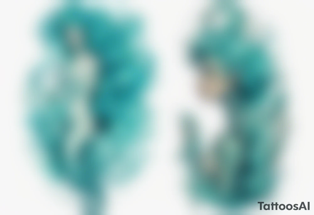 a tall woman made of water with turquoise hair riding a seahorse tattoo idea