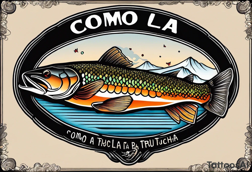 A small tattoo with a shaded trout and text that says, 'Como la trucha...' drawn with fine lines." tattoo idea