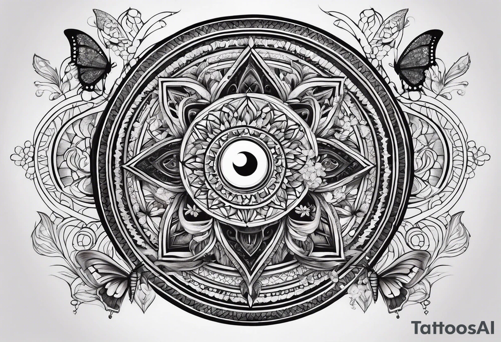 Spiritual mandala tattoo sleeve with 444, eye of Horus, tree of life and butterflies tattoo idea