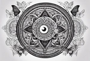 Spiritual mandala tattoo sleeve with 444, eye of Horus, tree of life and butterflies tattoo idea