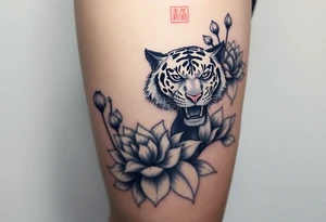 fierce tiger emerging through blooming lotus flowers in mist tattoo idea