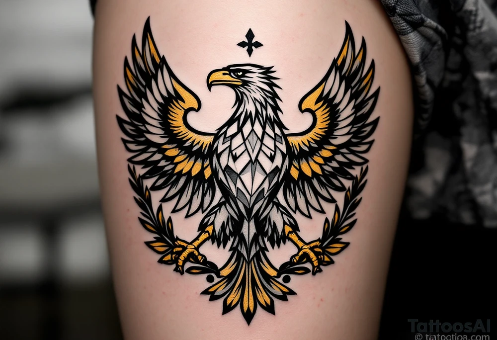 A proudly standing eagle wrapped in a golden laurel wreath, symbolizing victory, honor, and the enduring legacy of Silesia. tattoo idea