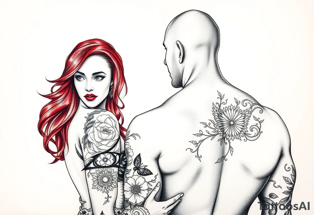 Woman with long red hair and red lipstick with lots of tattoos with  a bald muscular white man with tattoos getting married tattoo idea