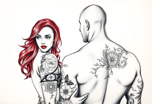 Woman with long red hair and red lipstick with lots of tattoos with  a bald muscular white man with tattoos getting married tattoo idea