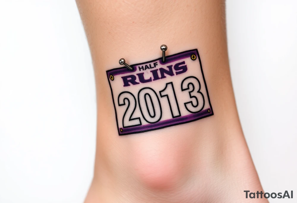 Racing half marathon bib 2013 purple and gold running safety pins piercing the skin running tattoo idea