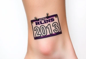 Racing half marathon bib 2013 purple and gold running safety pins piercing the skin running tattoo idea