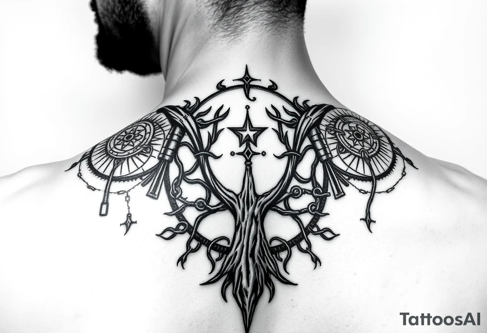 Norse sleeve tattoo which include web of wyrd, ÆGISHJÁLMR, Vegvisir, Yggdrasil, tattoo idea