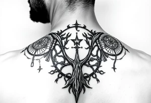 Norse sleeve tattoo which include web of wyrd, ÆGISHJÁLMR, Vegvisir, Yggdrasil, tattoo idea