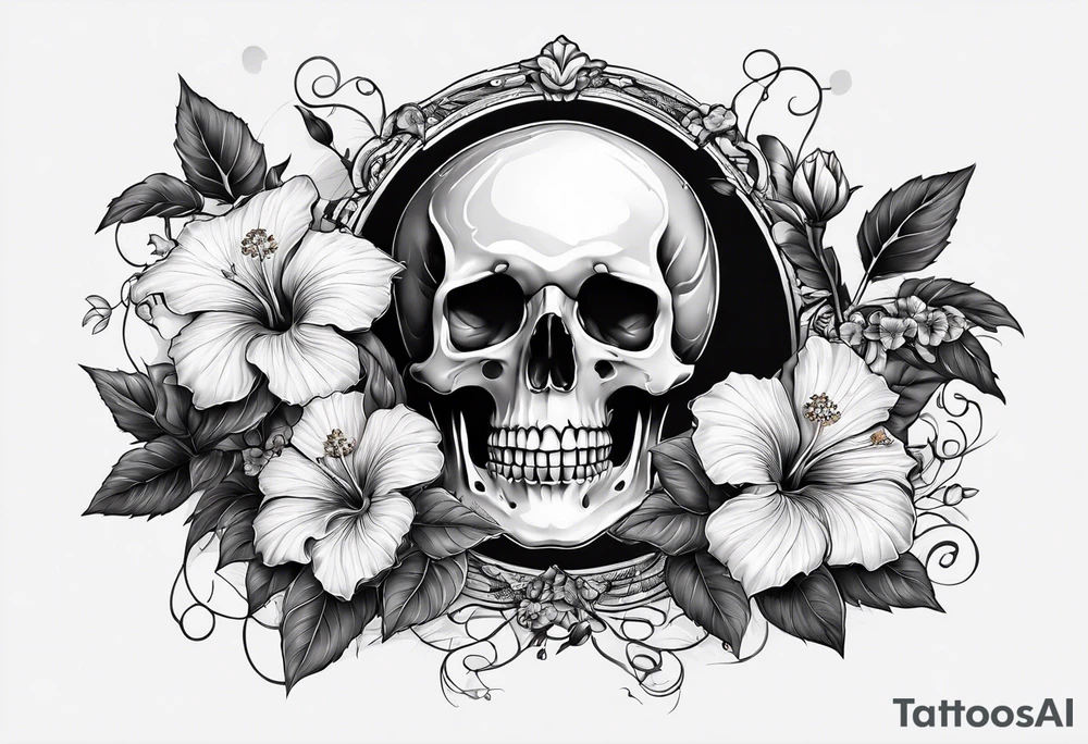 a female skeleton with hibiscus flower. Hint of south korea tattoo idea