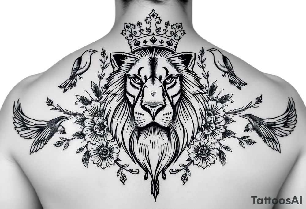 powerful majestic lion with a crown, surrounded by floral ornaments and birds tattoo idea