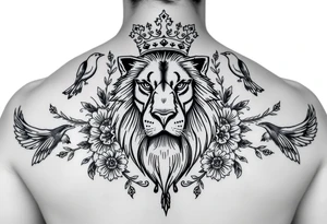 powerful majestic lion with a crown, surrounded by floral ornaments and birds tattoo idea