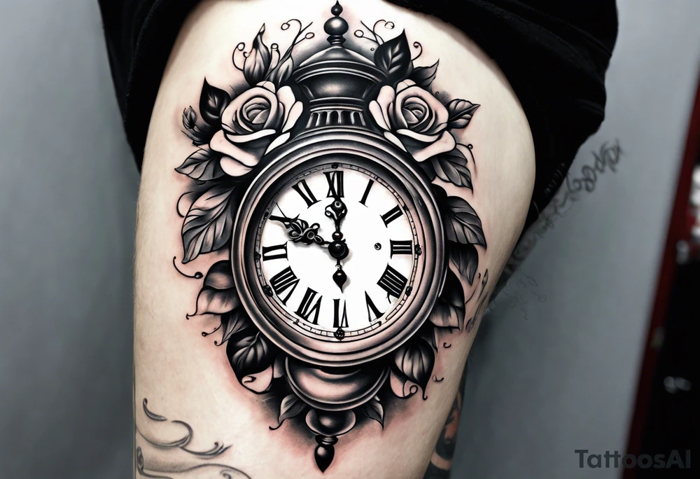 Half sleeve on arm of beautiful old fashion clock with roses, cherubs, angels, and the name chase Peter in a scroll tattoo idea