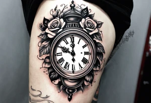 Half sleeve on arm of beautiful old fashion clock with roses, cherubs, angels, and the name chase Peter in a scroll tattoo idea