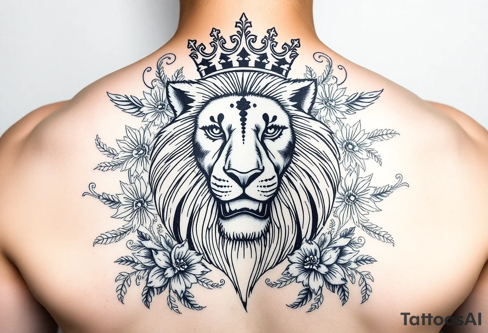 powerful majestic lion with a crown, surrounded by floral ornaments and birds tattoo idea