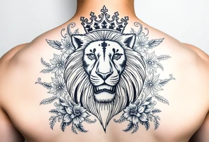 powerful majestic lion with a crown, surrounded by floral ornaments and birds tattoo idea