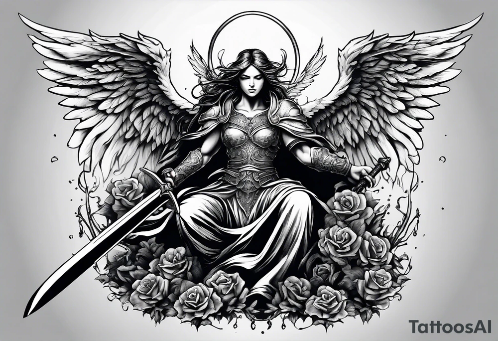 Angel with long sword on a pile of dead demons tattoo idea
