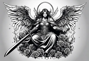 Angel with long sword on a pile of dead demons tattoo idea