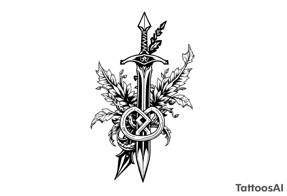 a sword with an overgrown Celtic knot band infused with nature tattoo idea