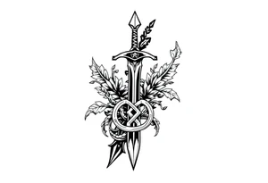 a sword with an overgrown Celtic knot band infused with nature tattoo idea