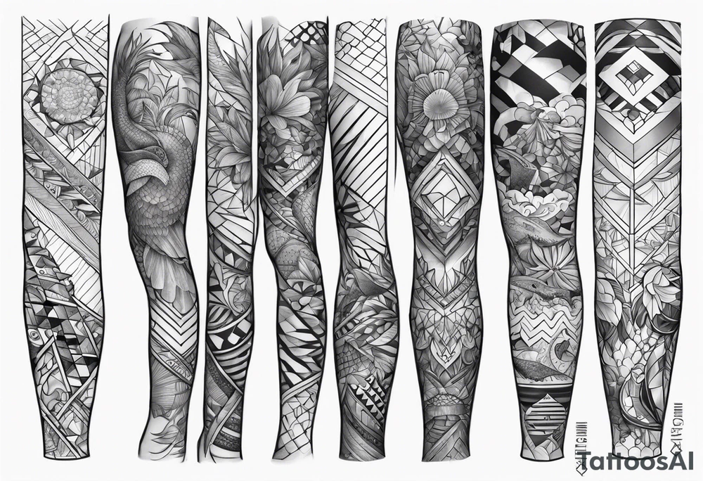 Sea life full leg sleeve male geometric tattoo idea
