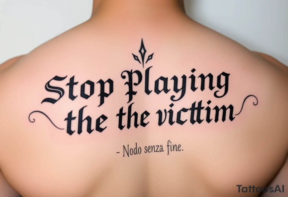 Writer the phrase :"Stop Playing the victim".
Nodo senza fine sign in background.
The words in greek style tattoo idea