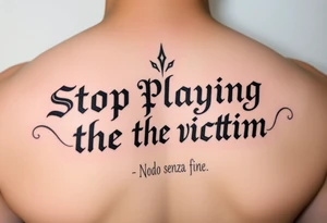 Writer the phrase :"Stop Playing the victim".
Nodo senza fine sign in background.
The words in greek style tattoo idea