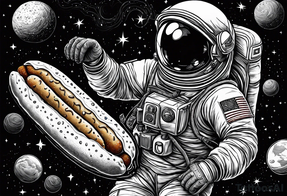 a picture of an astronaut eating a corndog while floating in space showing the full body tattoo idea