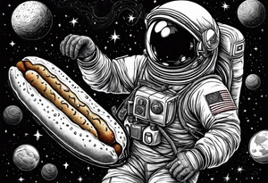 a picture of an astronaut eating a corndog while floating in space showing the full body tattoo idea