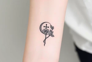 Can you make me a design for a tattoo with Lilith  symbol (half moon with cross just beneath attached to it)  a loose knot and a rose tattoo idea