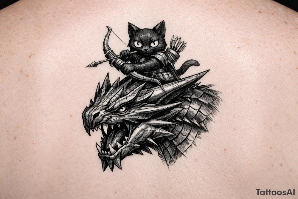 A vertical fantasy tattoo illustration of a cute black Palico feline cat riding on the back of a sleek Nargacuga wyvern dragon. The dragon must have smooth, sleek, interlocking metallic reptilian scales with an aerodynamic texture, zero fur, and zero feathers. The camera is a close-up vertical portrait showing the full cat on top holding a hunter's bow and arrow, and the dragon's snarling head and shoulders directly below it. Color palette: The dragon is colored in a rich mix of dark steel blue and deep teal gradients, with a sharp, glowing neon-red streak trailing backwards from its eye. The cat is matte black with large glowing yellow eyes. Crisp clean outlines, solid white background, stencil ready, high fantasy digital concept art. tattoo idea