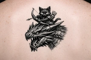 A vertical fantasy tattoo illustration of a cute black Palico feline cat riding on the back of a sleek Nargacuga wyvern dragon. The dragon must have smooth, sleek, interlocking metallic reptilian scales with an aerodynamic texture, zero fur, and zero feathers. The camera is a close-up vertical portrait showing the full cat on top holding a hunter's bow and arrow, and the dragon's snarling head and shoulders directly below it. Color palette: The dragon is colored in a rich mix of dark steel blue and deep teal gradients, with a sharp, glowing neon-red streak trailing backwards from its eye. The cat is matte black with large glowing yellow eyes. Crisp clean outlines, solid white background, stencil ready, high fantasy digital concept art. tattoo idea