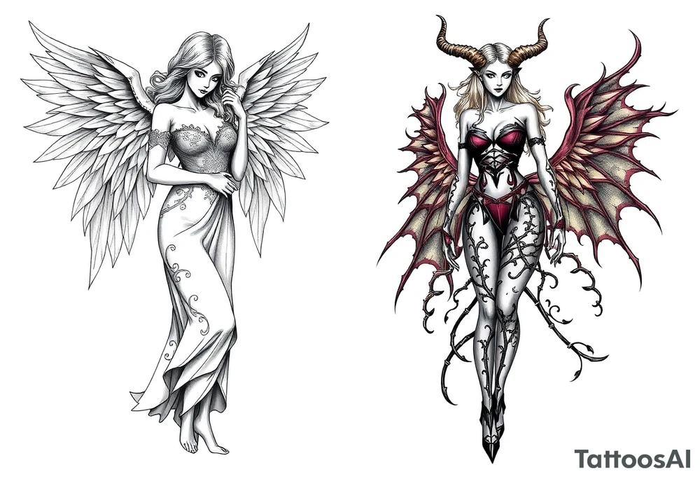 🔥 Dual Tattoo Concept: Angel & Demon – Sexy and Symbolic

Left Side – Angel (Engelin):
A sensual, barefoot angelic woman with soft, flowing hair and serene, open eyes gazes downward with calm strength. Her wings are large, feathered, and gracefully arched. She wears an elegant gown made of delicate, nature-like textures, blending floral and leaf motifs across her bodice and arms. The long dress flows like wind-swept silk, giving a sense of movement and grace. Her posture exudes calm power and divine femininity. She is barefoot, standing lightly as if floating—symbolizing purity, serenity, and grounded spirituality.

Right Side – Demoness (Teufelin):
A striking, seductive demoness with high heels and a confident stance radiates dark power and fierce sensuality. Her body is wrapped in an organic, flame- and thorn-like armor that clings to her form. Her skin appears almost sculpted with dark ornamental patterns. She has sharp horns, long hair, bat-like wings with torn edges, and a long, sinuous tail curling around her leg. Her expression is bold and alluring, eyes closed as if relishing her power. She stands tall in spiked heels, embodying chaos, desire, and strength.

⸻

🌓 Tattoo Style Suggestions:
	•	High-detail black-and-grey realism
	•	Placement: back piece, thighs, or dual shoulder blades
	•	Themes: Good vs Evil, Light vs Dark, Feminine Duality, Temptation vs Grace tattoo idea