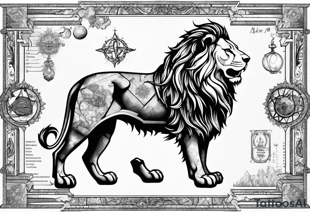 heraldic lion surrounded by scientific formulas tattoo idea