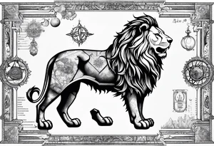 heraldic lion surrounded by scientific formulas tattoo idea