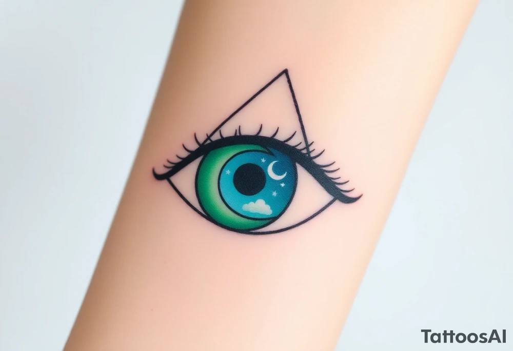 Large outline of an eye shaped like an almond with eye colored greenish blue with long pretty black eyelashes + spade symbol as the eyeball+ a crescent moon stars and clouds inside of the eyeball only + using vivid colors like blue green purple light blue light green light purple tattoo idea
