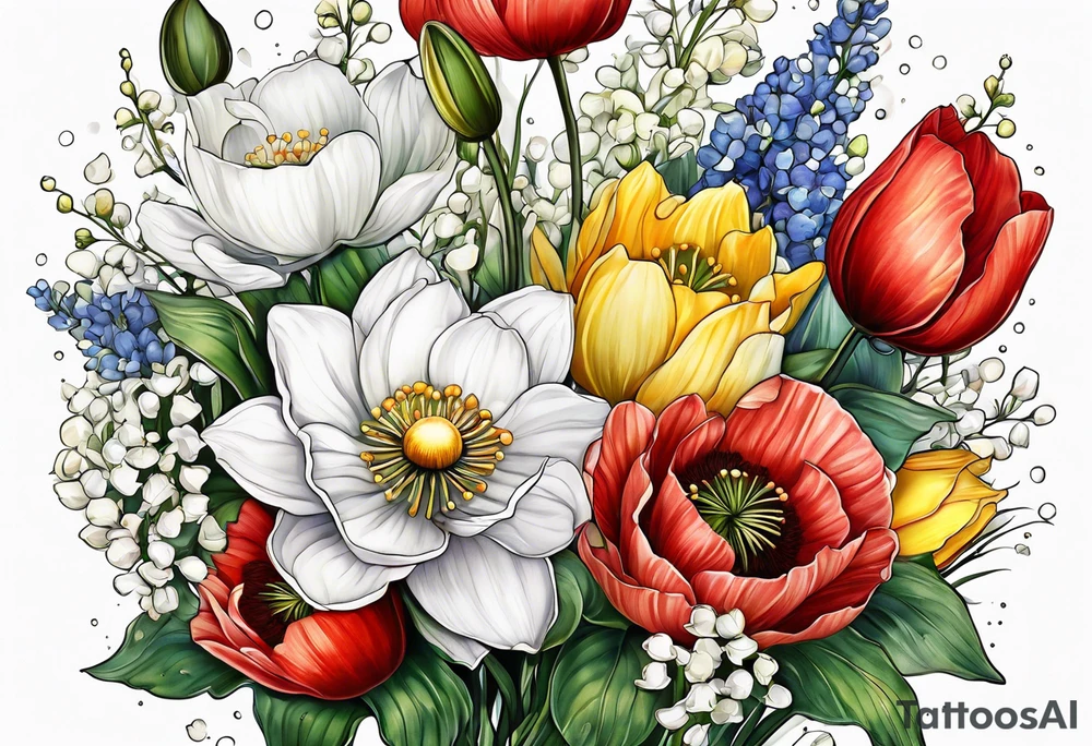 Poppy, water lily, Lily of the valley, daffodil, cosmo, rose, daisy flower bouquet, portrait style tattoo idea