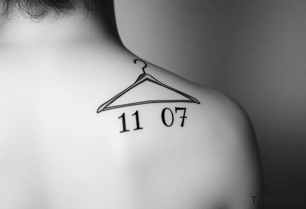I want a tattoo about 7 cm in size that includes a drawing of a clothes hanger and the numbers 11 07, all in a realistic, beautiful style with stylish lettering tattoo idea