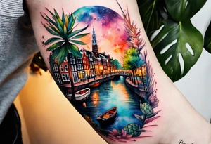 Watercolour style arm tattoo of Amsterdam canal in space featuring wildlife, stag deer and pineapples tattoo idea