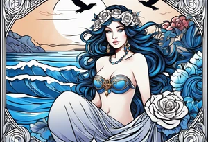 Aphrodite is the goddess of love, with a seaside background, surrounded by birds.. blue roses frames, background blue,present it in a tattoo, black hair, love motives tattoo idea