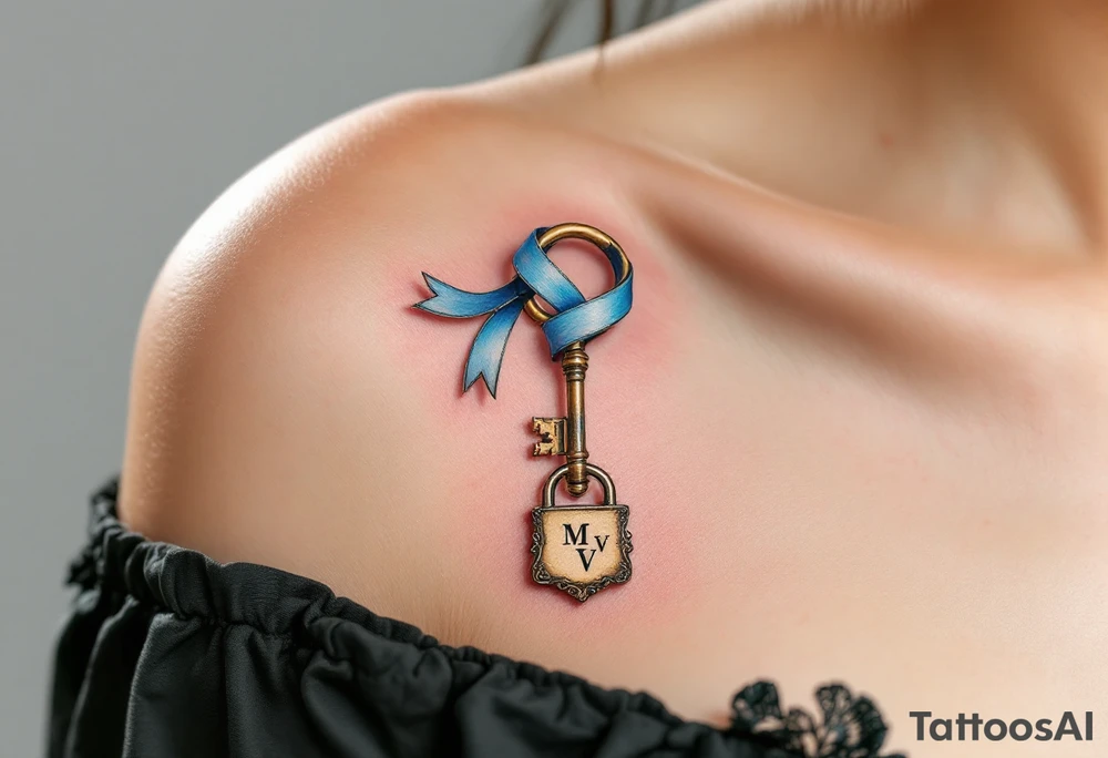 A vintage brass key with a long, flowing ribbon wrapping around the shaft with a lock that features an engraved couple’s initials "M V". Rich brass for the key, pastel blue for the ribbon, and a soft silver lock with engraved initials in gold. tattoo idea