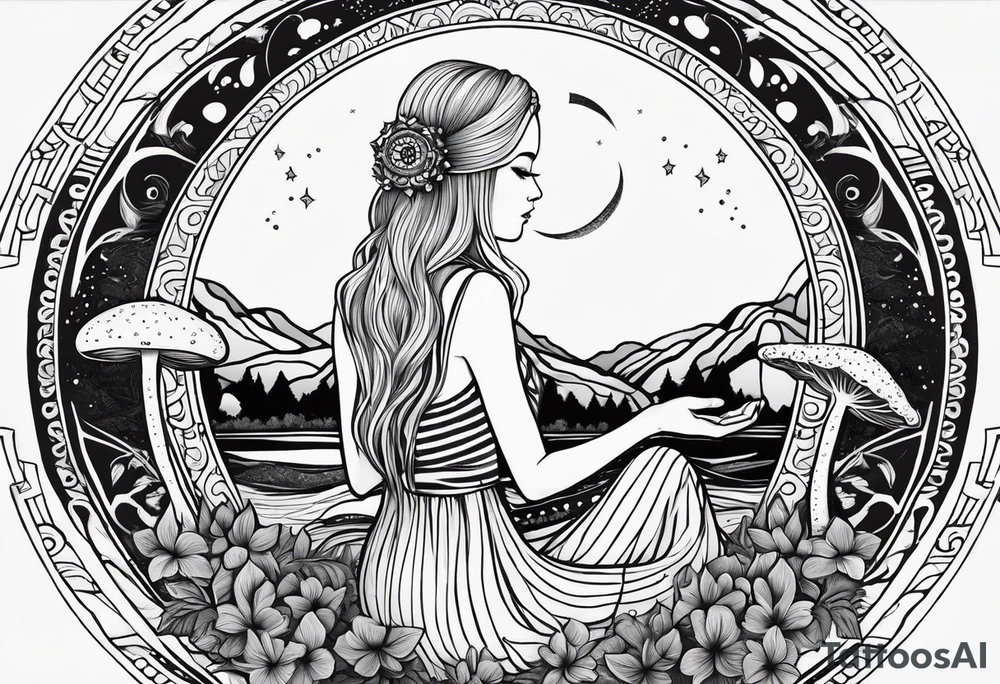 Straight blonde hair girl holding mushrooms in hand meditating facing away toward mountains surrounded by mushrooms crescent moon mandala circular design black and white striped dress tattoo idea