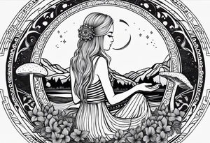 Straight blonde hair girl holding mushrooms in hand meditating facing away toward mountains surrounded by mushrooms crescent moon mandala circular design black and white striped dress tattoo idea