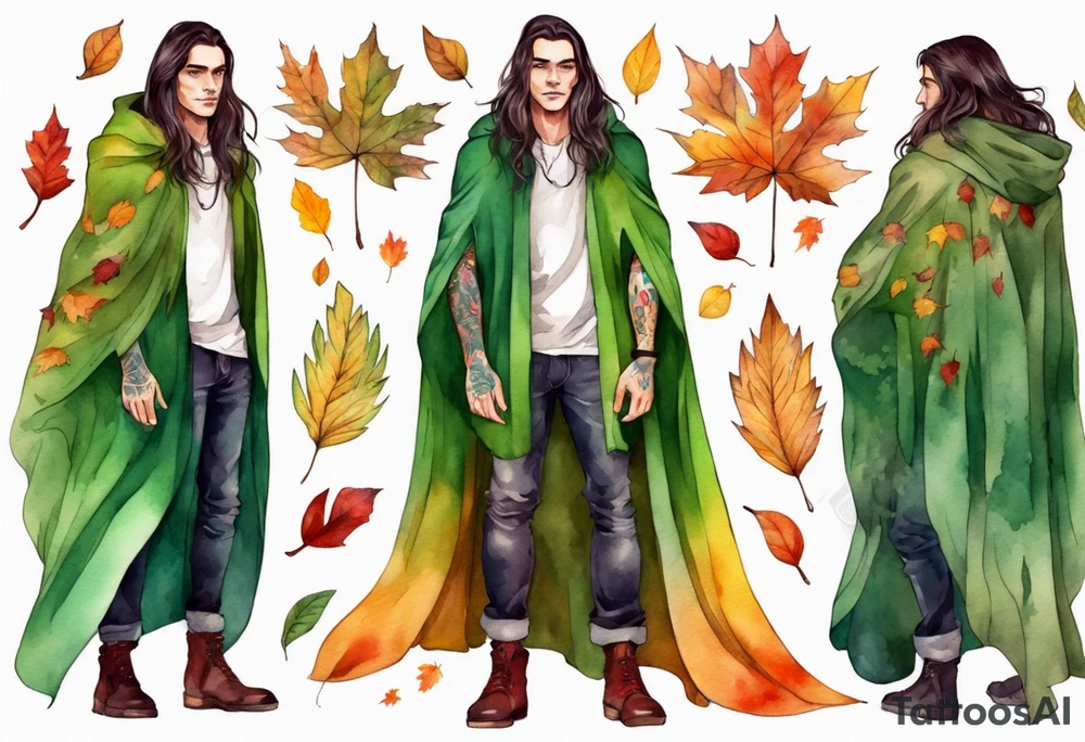 A young handsome man with green skin and long hair wearing a colorful cloak surrounded by autumn leaves tattoo idea