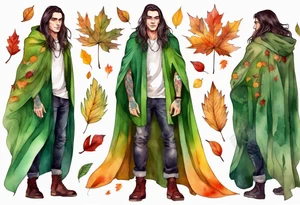A young handsome man with green skin and long hair wearing a colorful cloak surrounded by autumn leaves tattoo idea