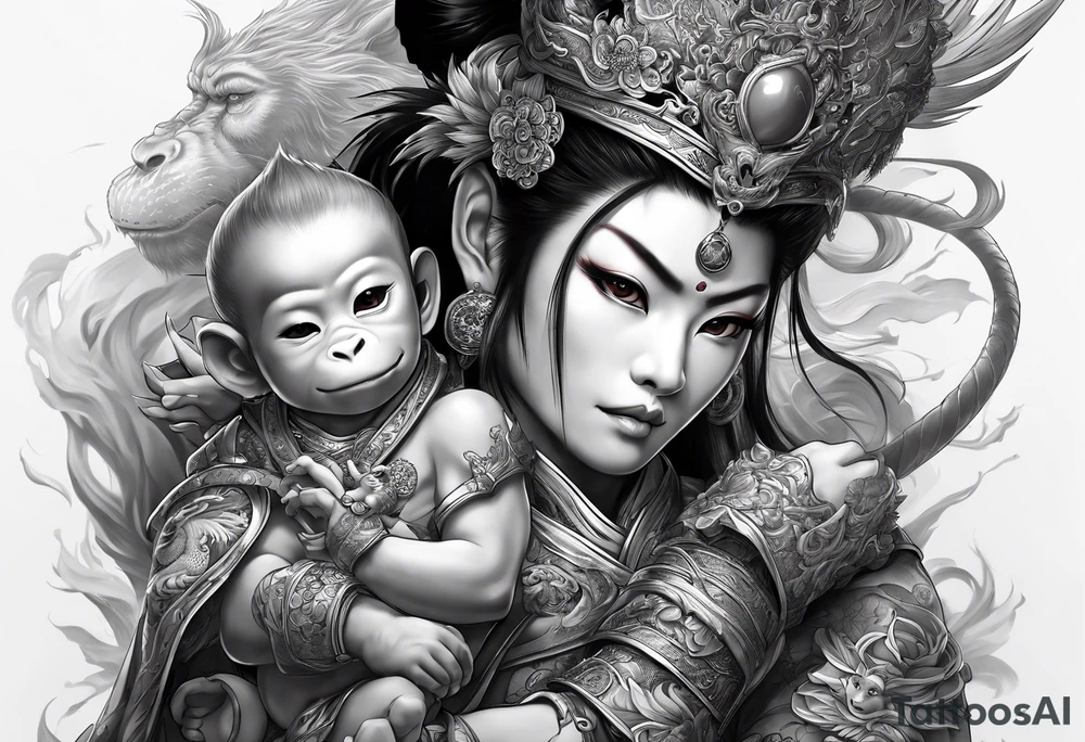 a full arm sleeve tattoo of
the monkey king with weapon, a japanese dragon, and
shrouded mother holding a baby tattoo idea