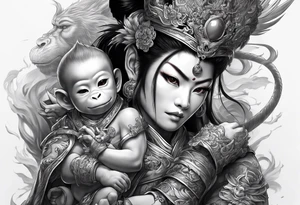 a full arm sleeve tattoo of 
the monkey king with weapon, a japanese dragon, and
 shrouded mother holding a baby tattoo idea